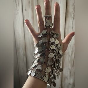 Vtg Bedouin Style Kuchi Coin Hand Chain Alpaca Silver Hathphool Slave Bracelet